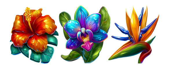 Vibrant 3D Cartoon Floral Icons with Glossy Finish and Colorful Style