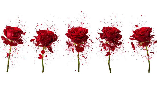 Five stages of a red rose breaking apart with a dynamic splatter effect, an abstract representation of intense emotion and ephemeral love
