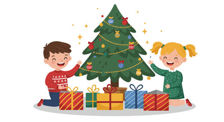 Happy children celebrating Christmas with decorated tree and gifts.