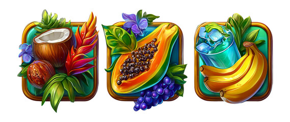 Colorful Cartoon Icons of Fruits and Tropical Elements in Glossy Style