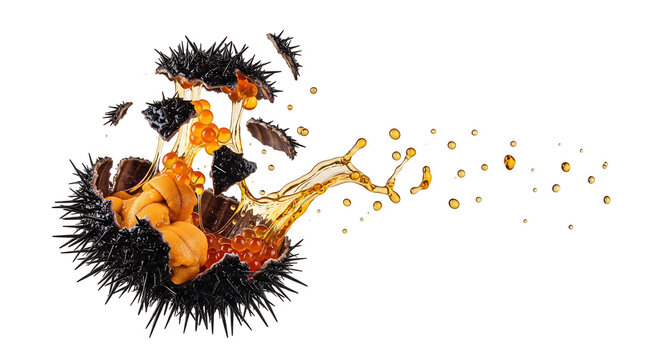 Conceptual food photography of a sea urchin bursting open, showcasing vibrant uni gonad and a dramatic liquid splash isolated on white