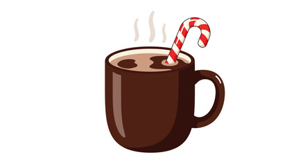 Steaming hot chocolate in a brown mug with a candy cane.