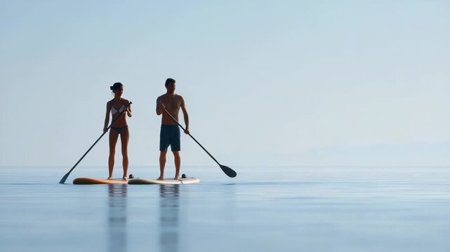 Couple standing on paddle boards during golden sunrise, gliding over calm water with reflective horizon, embodying peaceful romantic moment and active outdoor lifestyle