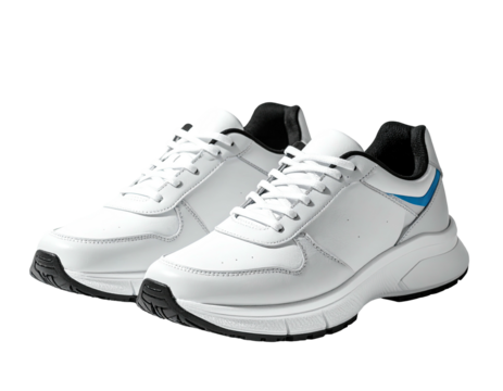 White athletic shoes with black accents and a blue stripe