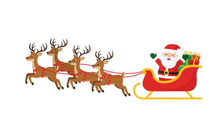 Santa Claus and Reindeer Pulling Sleigh for Christmas Delivery.