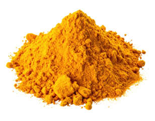 Heap of vibrant yellow spice powder, piled against a stark, black backdrop