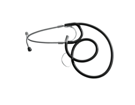 Overhead view of a medical stethoscope in black and silver against a black background
