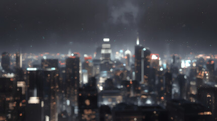 Fototapeta premium Blurred city skyline at night with glowing lights and bokeh effect, atmospheric urban background for modern, futuristic, and creative design concepts.