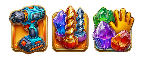 Glossy 3D Cartoon Icons of Tools and Gems with Isolated Transparent Background