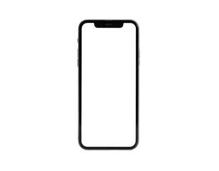 Front view of a smartphone with a black screen, set against a black background