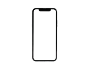 Front view of a smartphone with a black screen, set against a black background