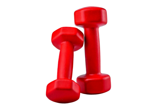 Pair of red dumbbells isolated on a transparent or white background