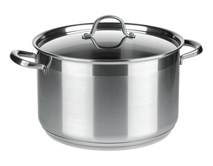 Shiny stainless steel stockpot with a glass lid, two handles, isolated on black