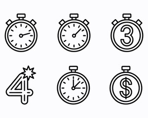 Collection of Creative Stopwatches and Timers with Various Themes Representing Time Management Deadlines and Financial Aspects in a Minimalist Outline Style
