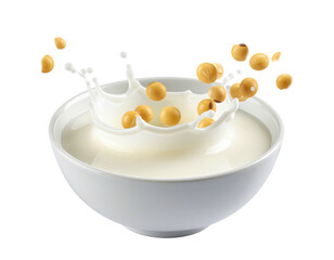 Soybeans plunge into a bowl of milky liquid, creating a splash