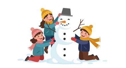 Children joyfully building a snowman together during winter season.