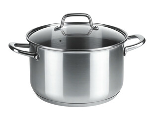 Shiny stainless steel cooking pot with a glass lid