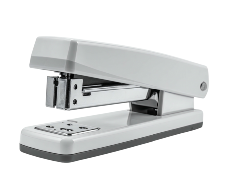 Close-up of a white stapler, angled, on a transparent background