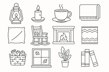 Cozy home essentials with fireplace blanket candle and plant line art icons