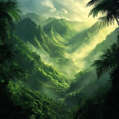 Lush valley of emerald mountains