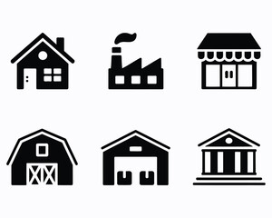 Diverse Building Icons Representing Community Infrastructure From Houses to Factories, Shops and Government Structures Depicted in Vector Art