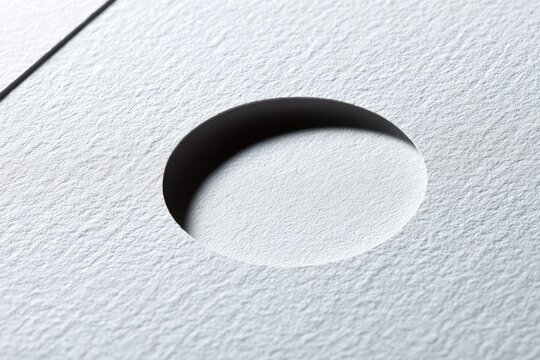 Close-up of textured off-white surface with a cleanly cut circular hole revealing a similar subsurface