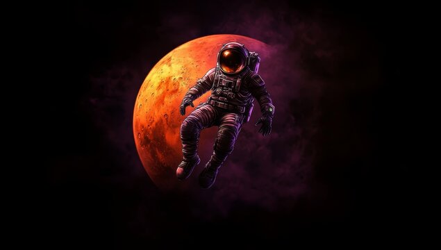 An astronaut floating in front of the planet Mars, with a purple and orange gradient lighting, in a cinematic style, against a dark background, with high contrast and hyper-realistic