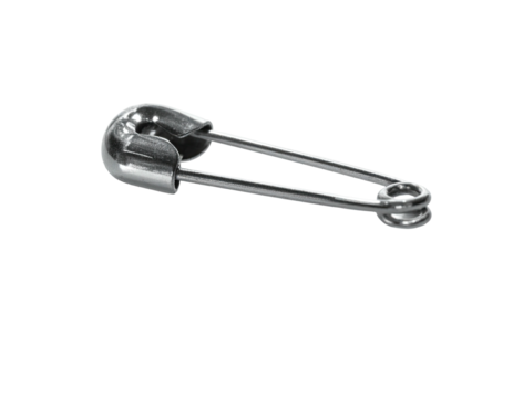 Shiny metal clasp with a curved top and straight pin resting on black background