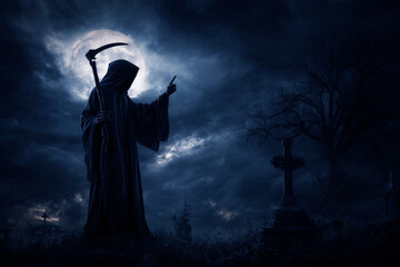 Grim reaper showing silence sign with finger and holding a long scythe standing over cross, dead tree, full moon and cloudy spooky sky, Halloween mystery concept
