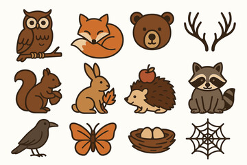Cute forest animal icons: owl, fox, bear, squirrel, rabbit, hedgehog, raccoon, crow, butterfly