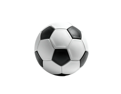 A soccer ball in white and black polygons, isolated against a black background