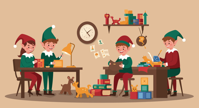 Christmas elves diligently working in Santas workshop making toys.