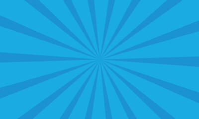 A vibrant blue sunburst background with radial beams creating a retro comic book effect.