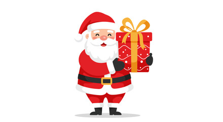 Happy Santa Claus holding a Christmas gift box.