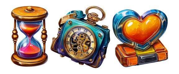 Glossy 3D Cartoon Icons of Hourglass, Clock, and Heart with Transparency