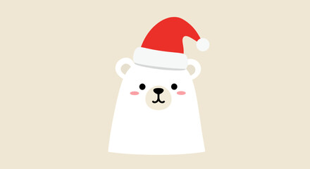 Cute cartoon polar bear wearing a festive red Santa hat for Christmas.