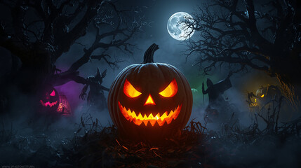 Halloween Pumpkin Monster with Glowing Ghost Carving, Gothic Atmosphere, Full Moon Night &mdash; Generative AI