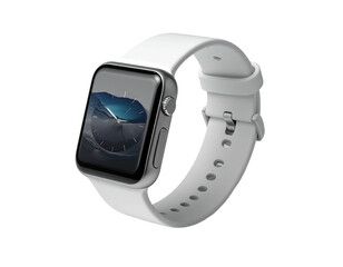 Modern smartwatch with a white band, sleek metal casing, and digital watch face