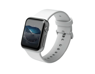 Modern smartwatch with a white band, sleek metal casing, and digital watch face