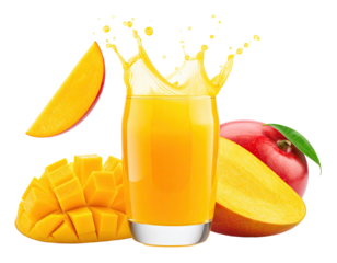A refreshing glass of mango juice with a splash and mango fruit pieces