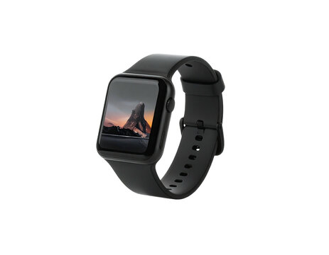 Sleek black smartwatch displaying a mountain landscape on a black background