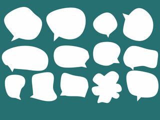 Set of white abstract speech bubbles on a dark teal background, symbolizing chat, dialogue, communication, conversation, and creative messaging design concepts