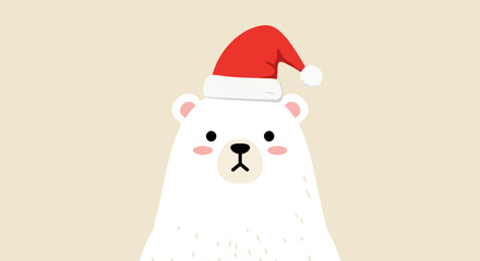 Cute polar bear wearing a red Santa hat for Christmas holiday season.