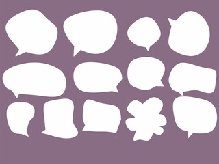 Collection of abstract white speech bubbles in various shapes on a purple background, representing chat, dialogue, messaging, communication, and creative design.
