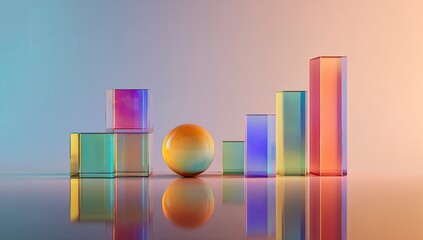 Iridescent glass cubes, rectangular prisms, and sphere on reflective surface, bathed in soft, gradient lighting