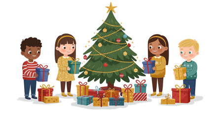 Diverse children celebrating Christmas with presents around a festive tree.