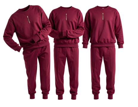 Three identical cranberry-colored tracksuits on display against a black background