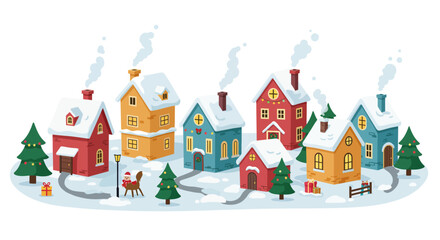Fototapeta premium Cozy Winter Village with Snow Covered Houses and Festive Trees.
