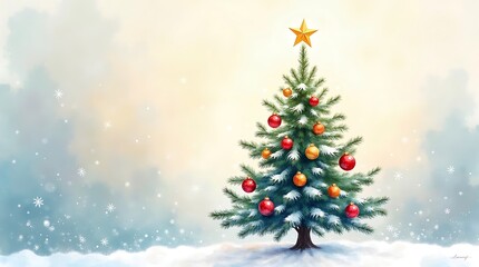 Watercolor Christmas Tree with Colorful Ornaments and Star – Artistic Holiday Design on Pastel Snowy Background