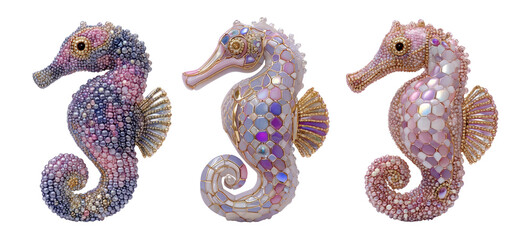 Colorful Isolated Seahorse Sculptures on Transparent Background Art